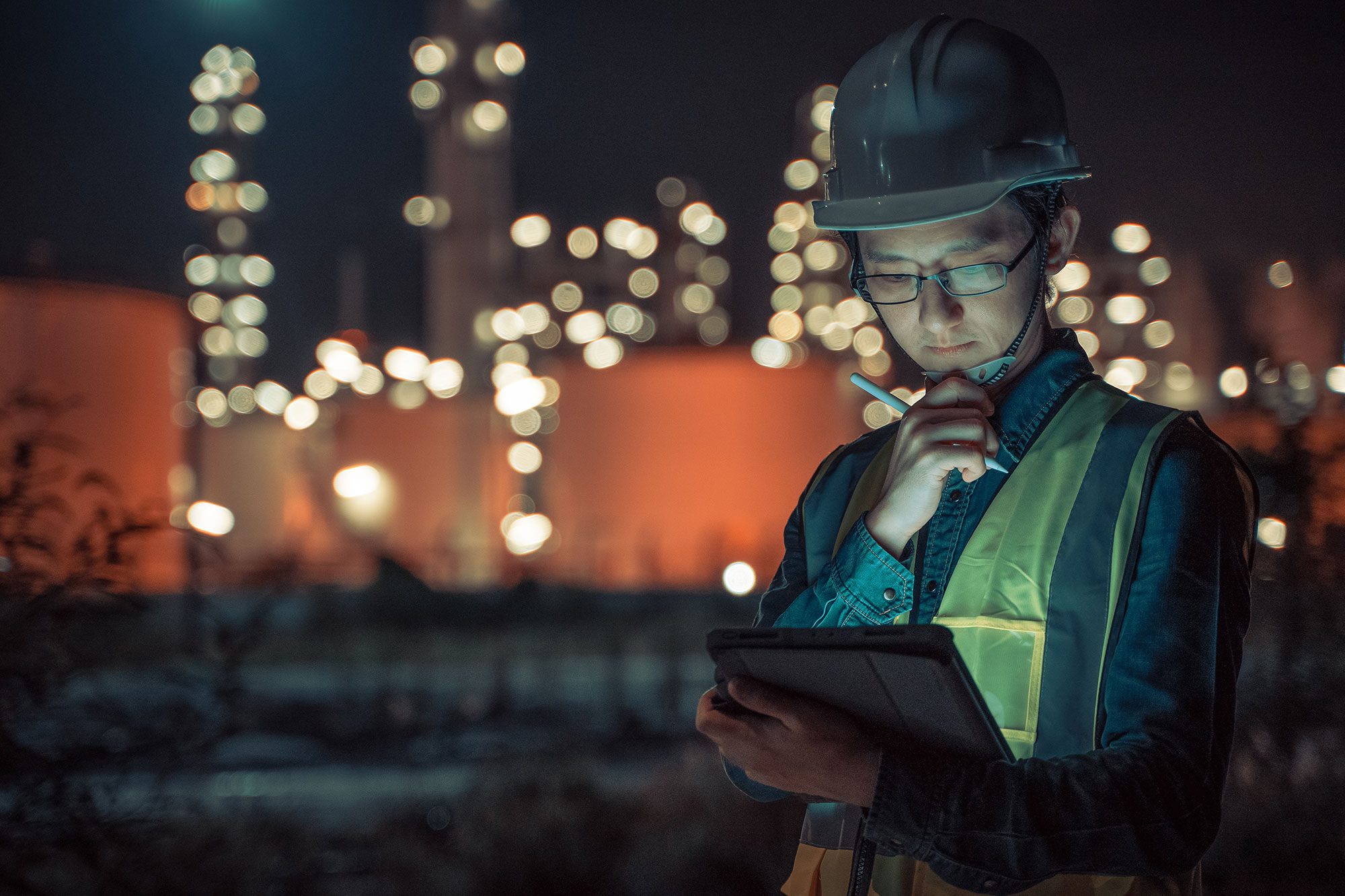 Ingenieur mit Schutzhelm schaut auf sein Tablet vor einer Stadt-Skyline